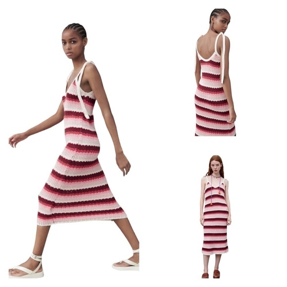 NWT ZARA Cream Pink Striped Crochet Bodycon Midi Dress Small Blogger Favorite - Picture 1 of 12